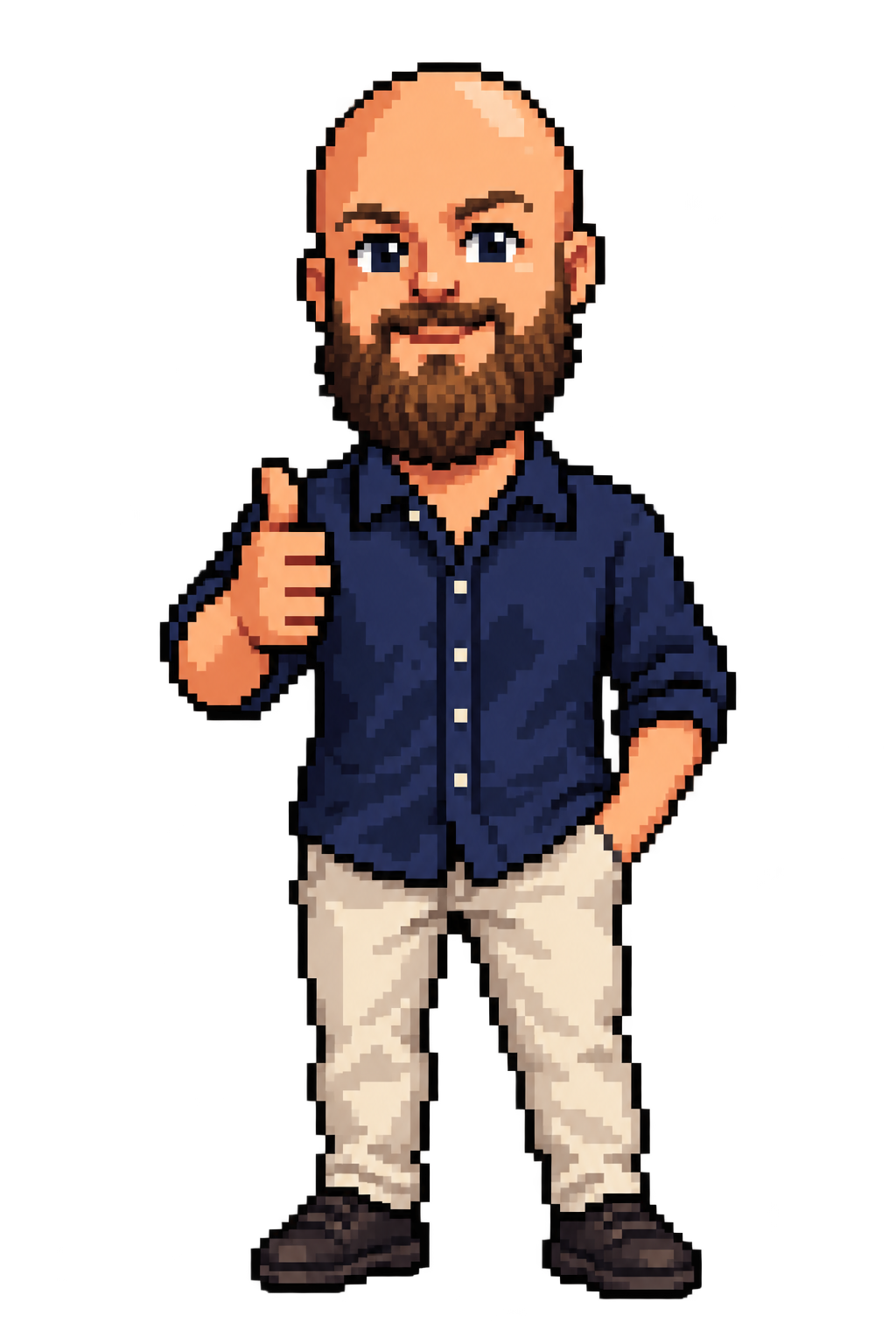 Pixel-art Ivan, smiling in a blue shirt and trousers and giving a thumbs-up